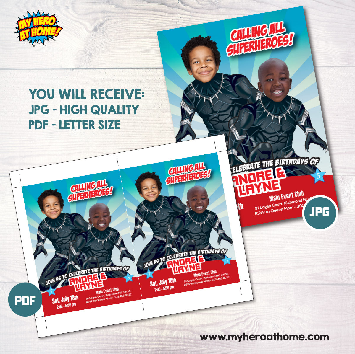 Two Black Panther Siblings Birthday Party Invitation with children as the stars. 2463IN1