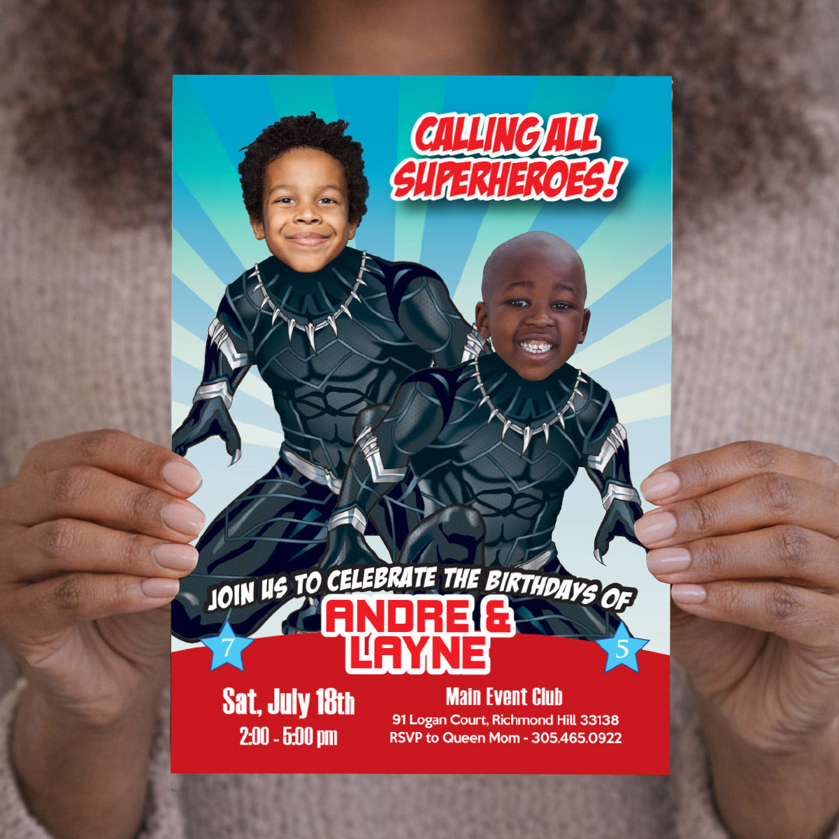 Two Black Panther Siblings Birthday Party Invitation with children as the stars. 2463IN1