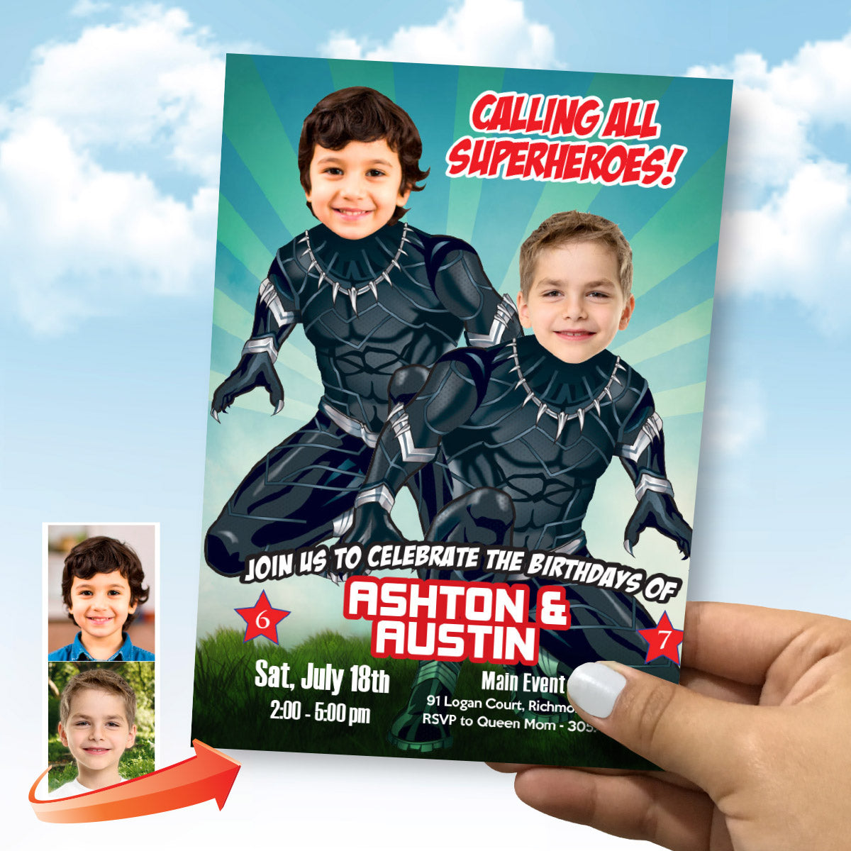 Black Panther Siblings Party template with Birthday Kids as the Superheroes. 2463IN2