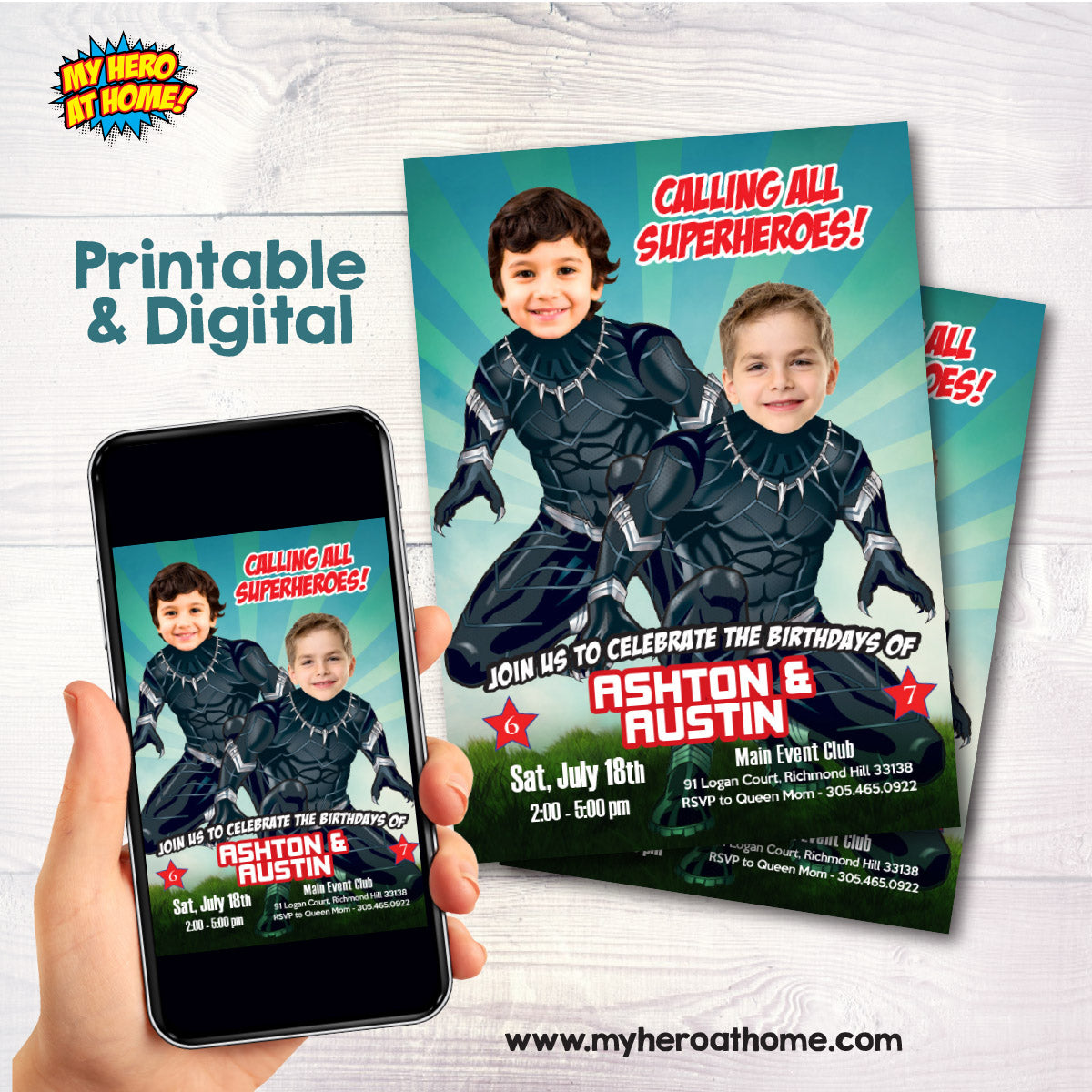 Black Panther Siblings Party template with Birthday Kids as the Superheroes. 2463IN2