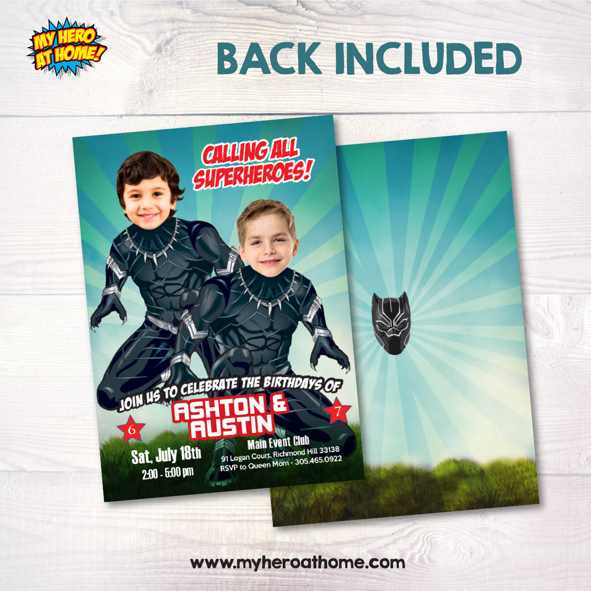 Black Panther Siblings Party template with Birthday Kids as the Superheroes. 2463IN2