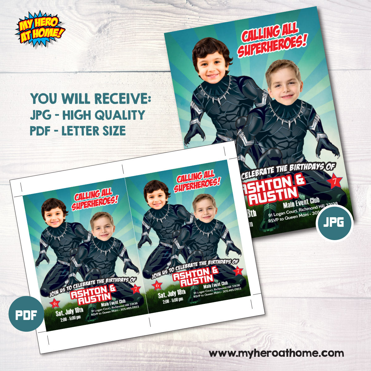 Black Panther Siblings Party template with Birthday Kids as the Superheroes. 2463IN2