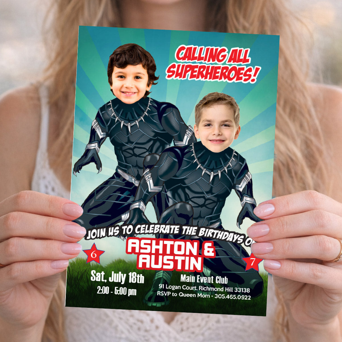 Black Panther Siblings Party template with Birthday Kids as the Superheroes. 2463IN2