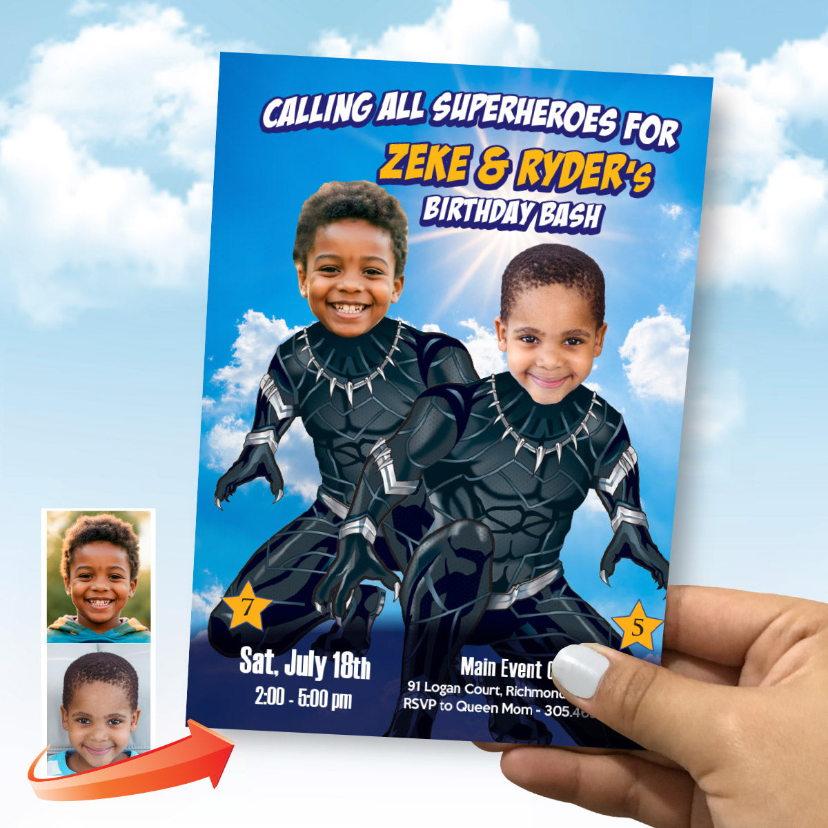 Joint Black Panther party Invitation with kids as the stars, Superheroes Siblings Birthday. 2463IN3