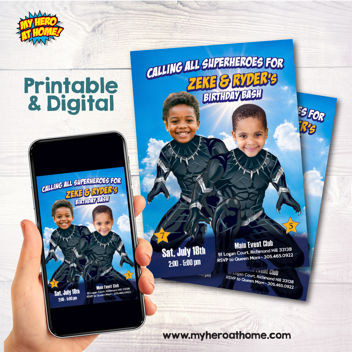 Joint Black Panther party Invitation with kids as the stars, Superheroes Siblings Birthday. 2463IN3