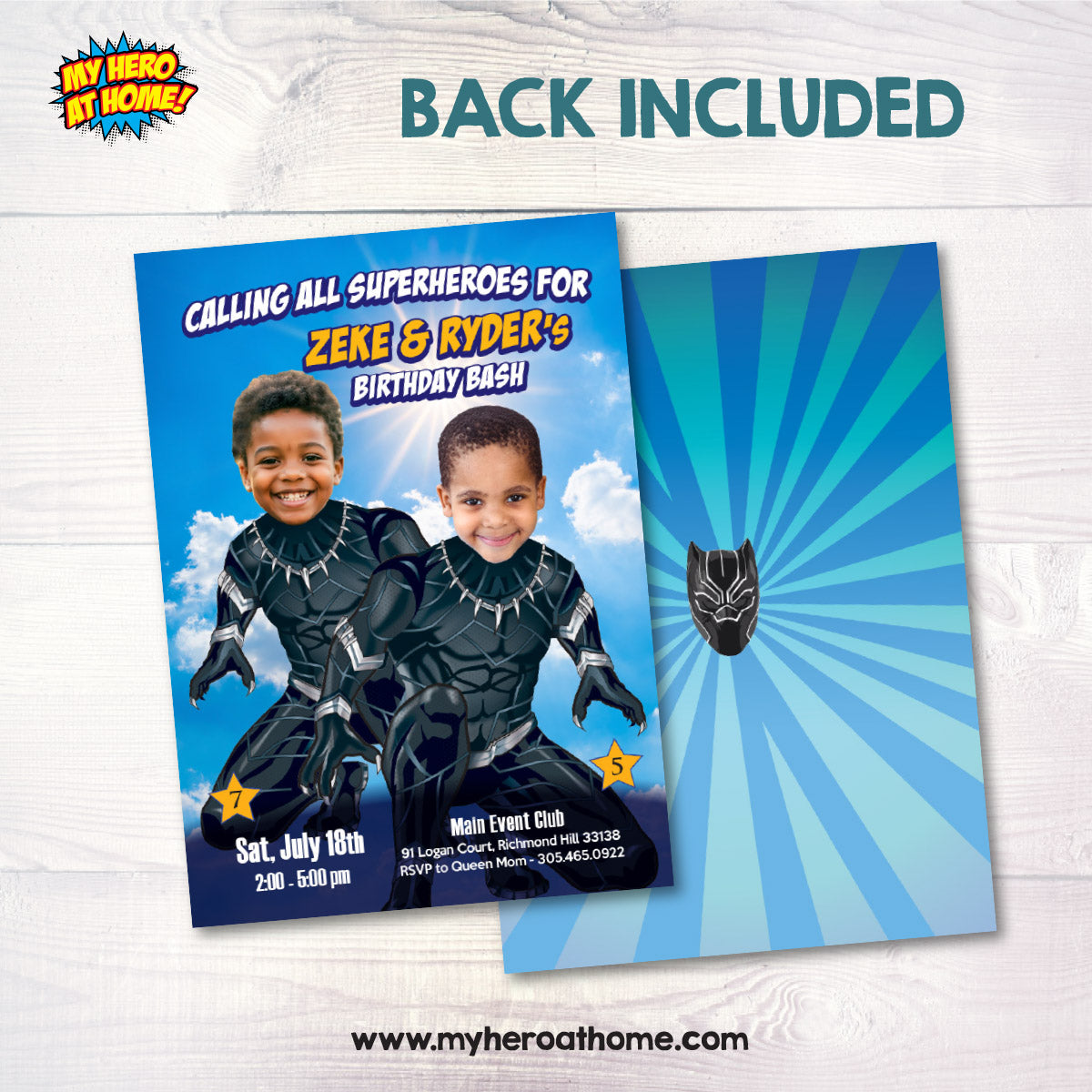 Joint Black Panther party Invitation with kids as the stars, Superheroes Siblings Birthday. 2463IN3