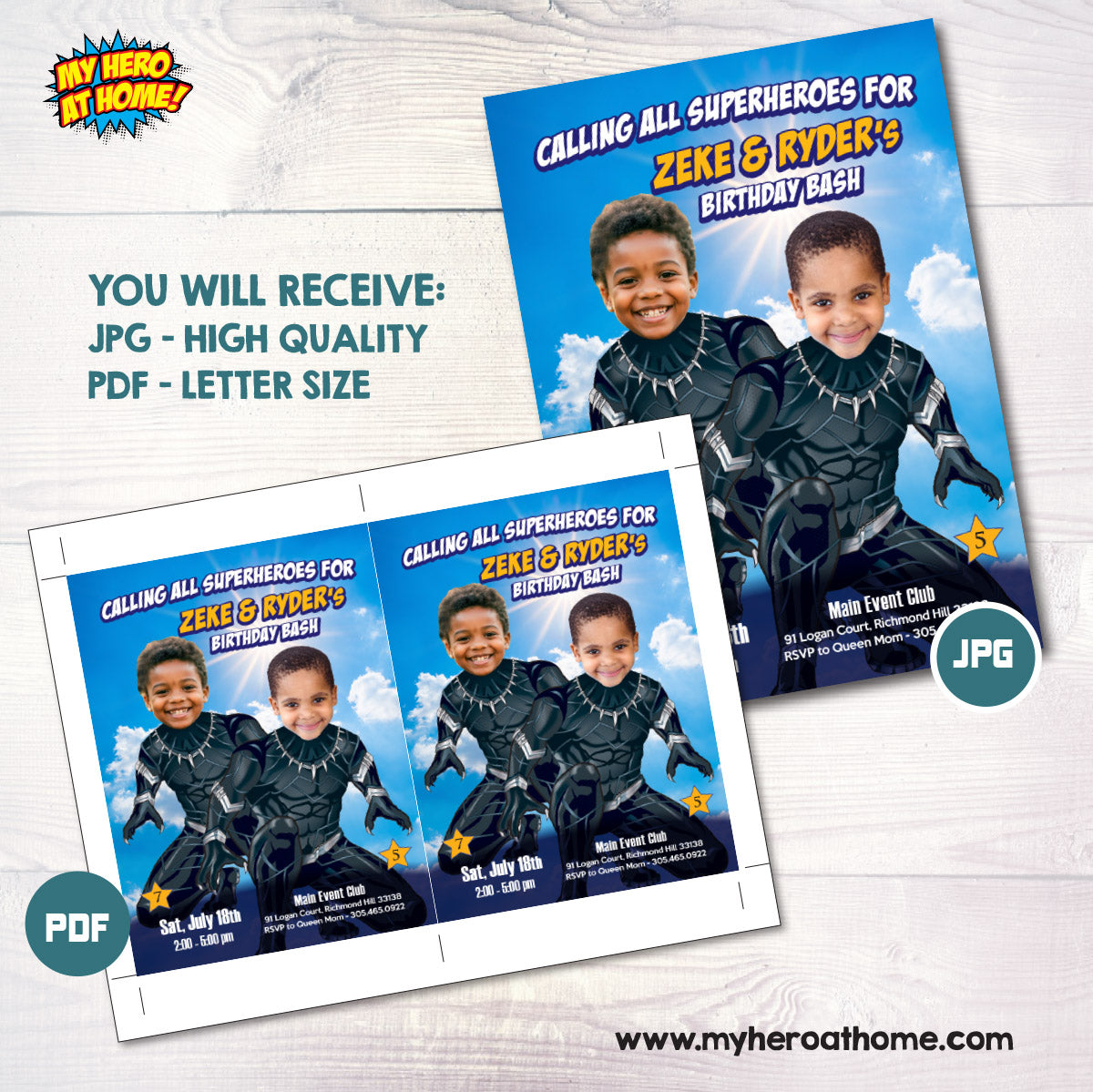 Joint Black Panther party Invitation with kids as the stars, Superheroes Siblings Birthday. 2463IN3