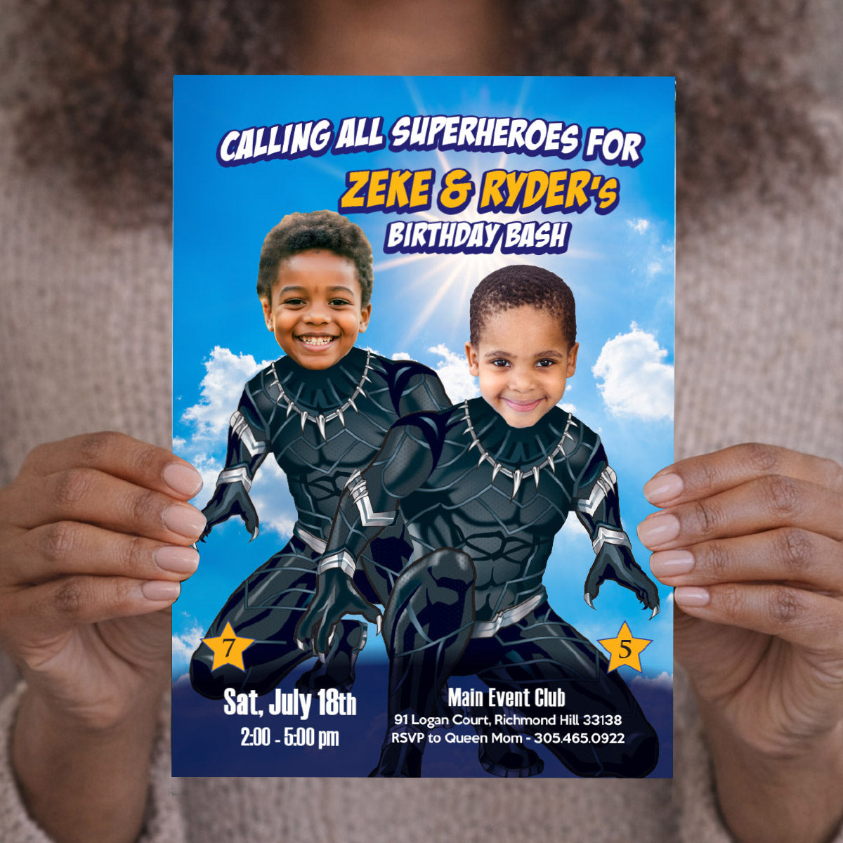 Joint Black Panther party Invitation with kids as the stars, Superheroes Siblings Birthday. 2463IN3