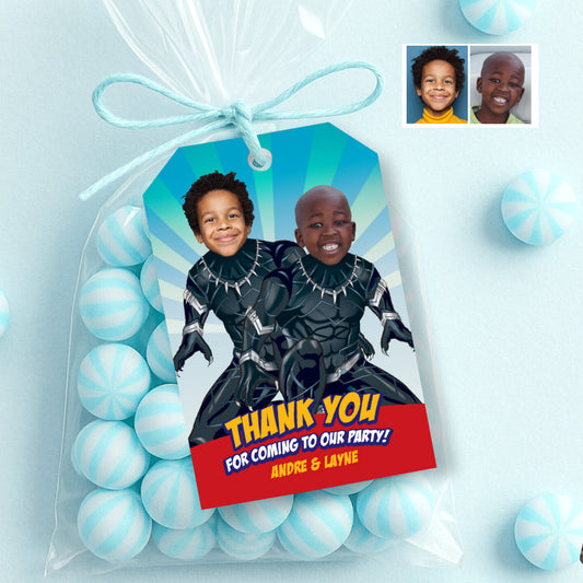 Black Panther Siblings thank you and favor tags with birthday children as the stars. 2463TY1