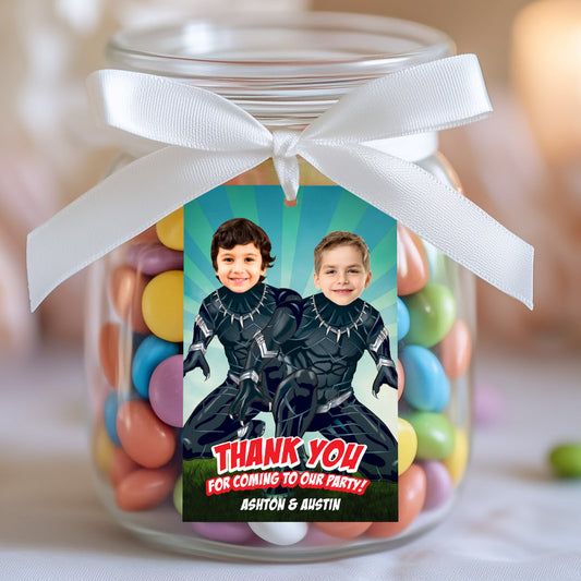 Custom Black Panther Favor Tags and Thank You with birthday siblings as the stars. 2463TY2