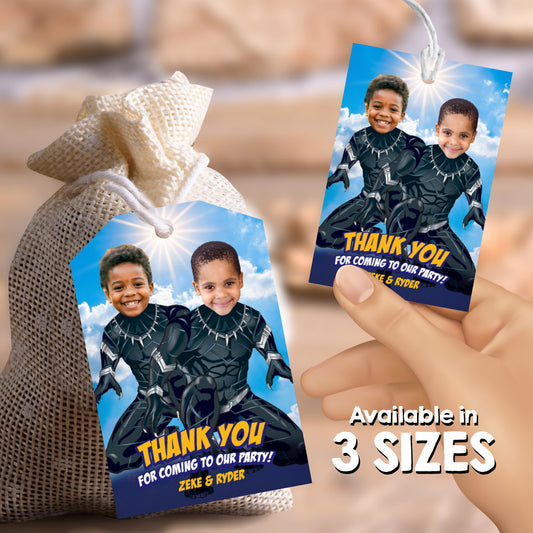Joint Black Panther thank you and favor tags with birthday kids as the stars. 2463TY3