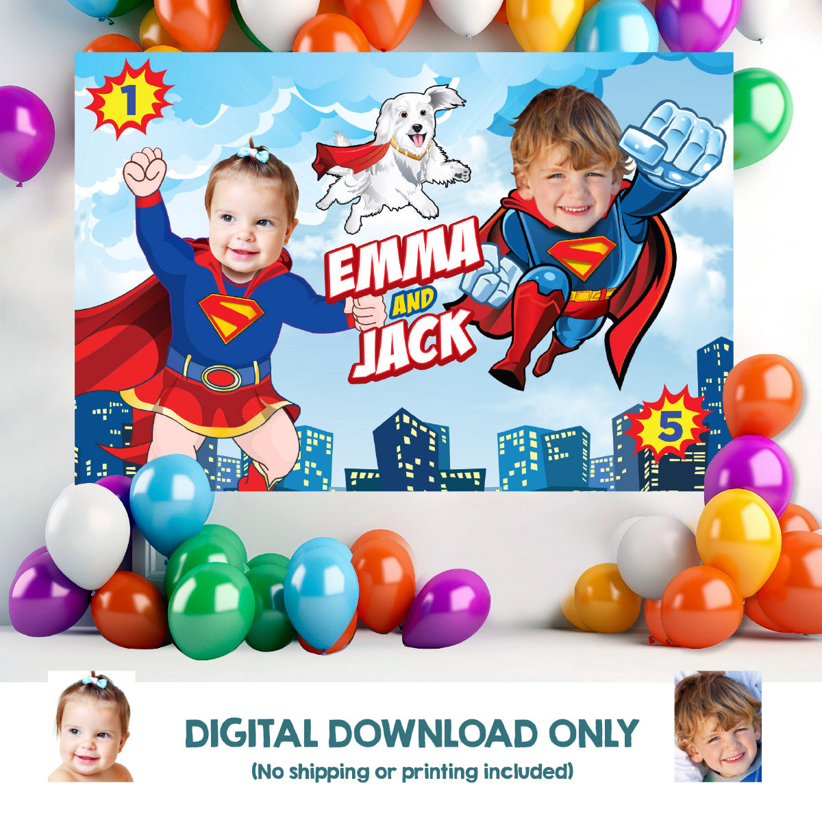 Superman and Baby Supergirl with Krypto Party Backdrop with kid as the stars. 2465BB2