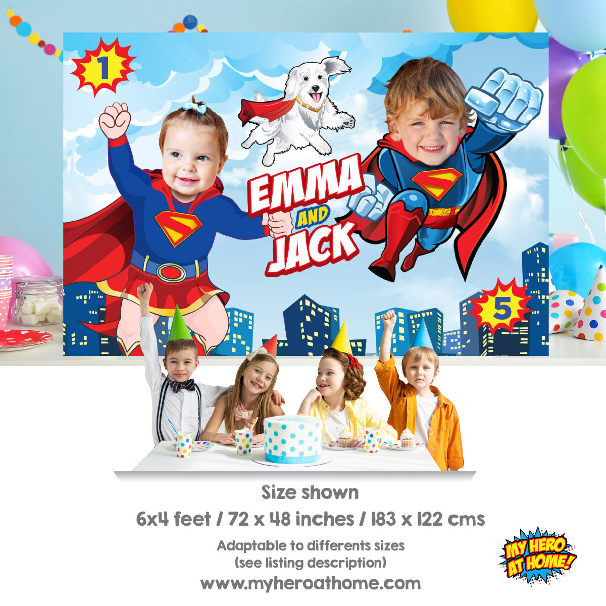 Superman and Baby Supergirl with Krypto Party Backdrop with kid as the stars. 2465BB2
