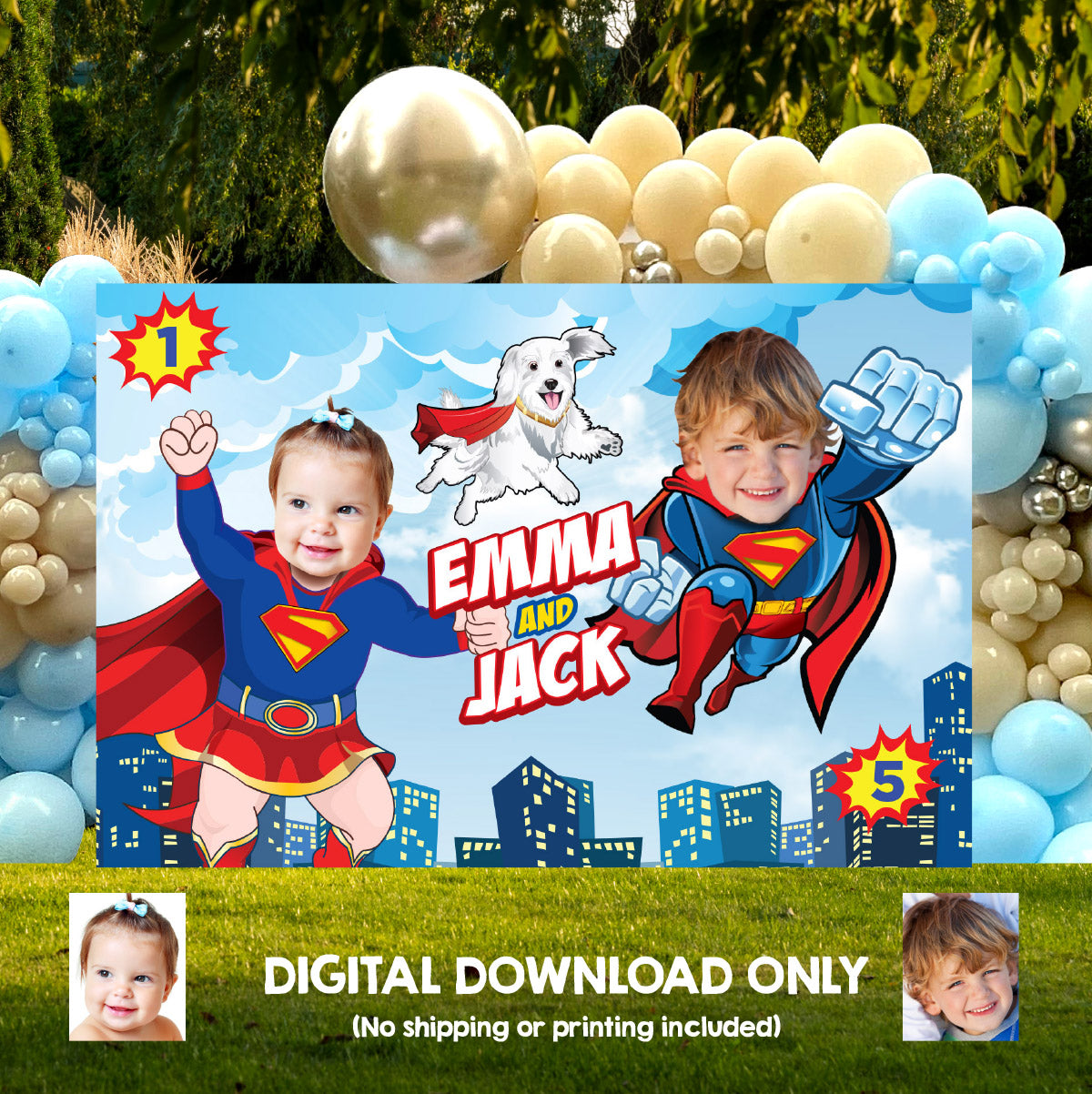 Superman and Baby Supergirl with Krypto Party Backdrop with kid as the stars. 2465BB2