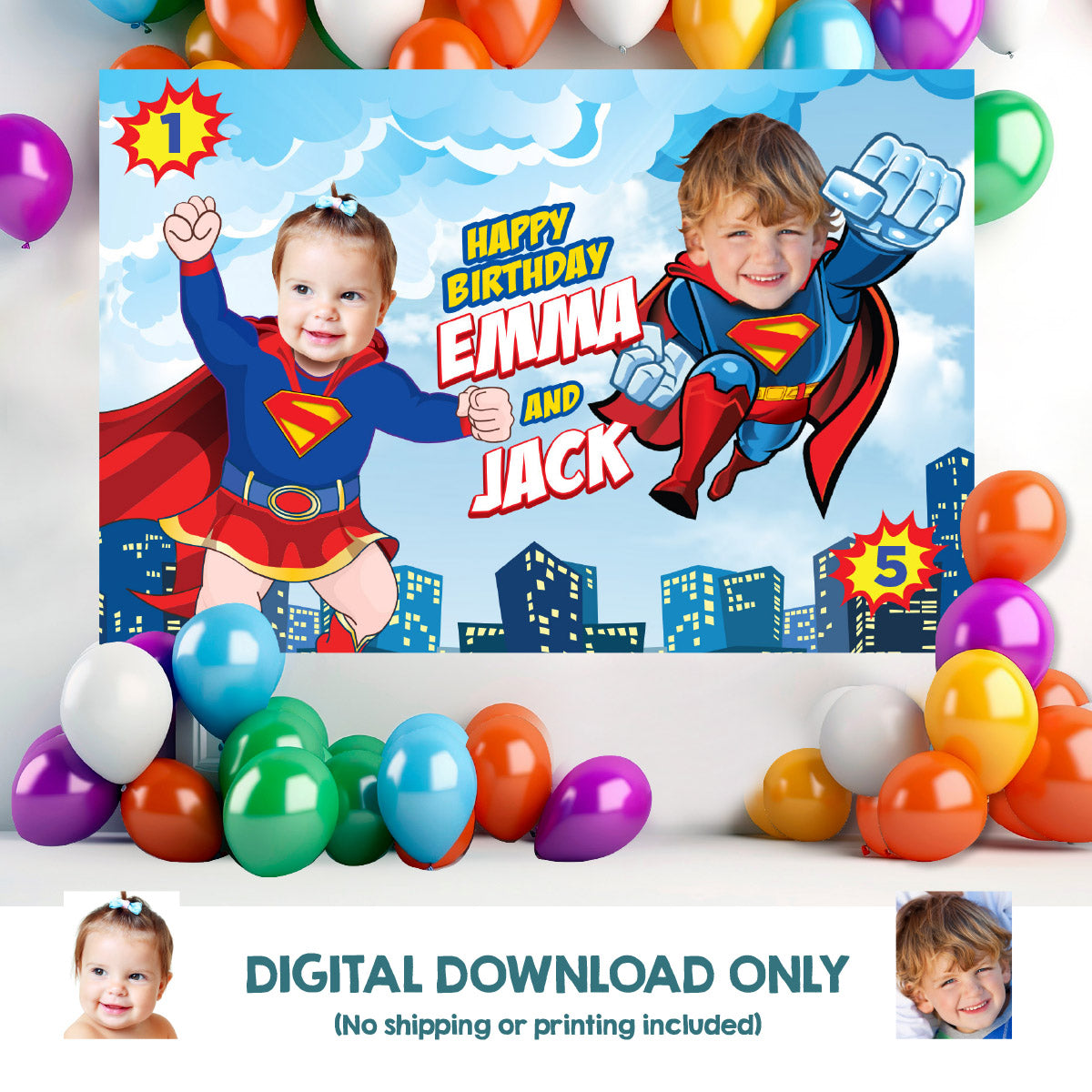 Joint Baby Supergirl and Superman Birthday Backdrop with children as the stars. 2465BB