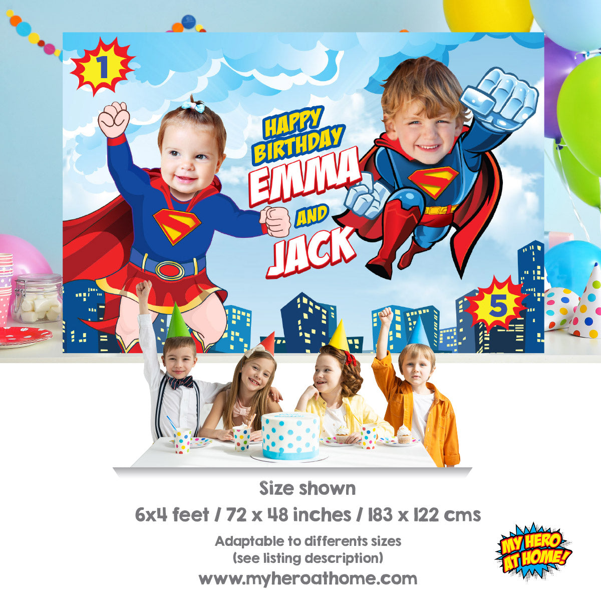 Joint Baby Supergirl and Superman Birthday Backdrop with children as the stars. 2465BB