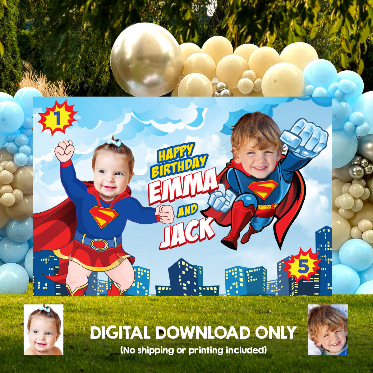 Joint Baby Supergirl and Superman Birthday Backdrop with children as the stars. 2465BB