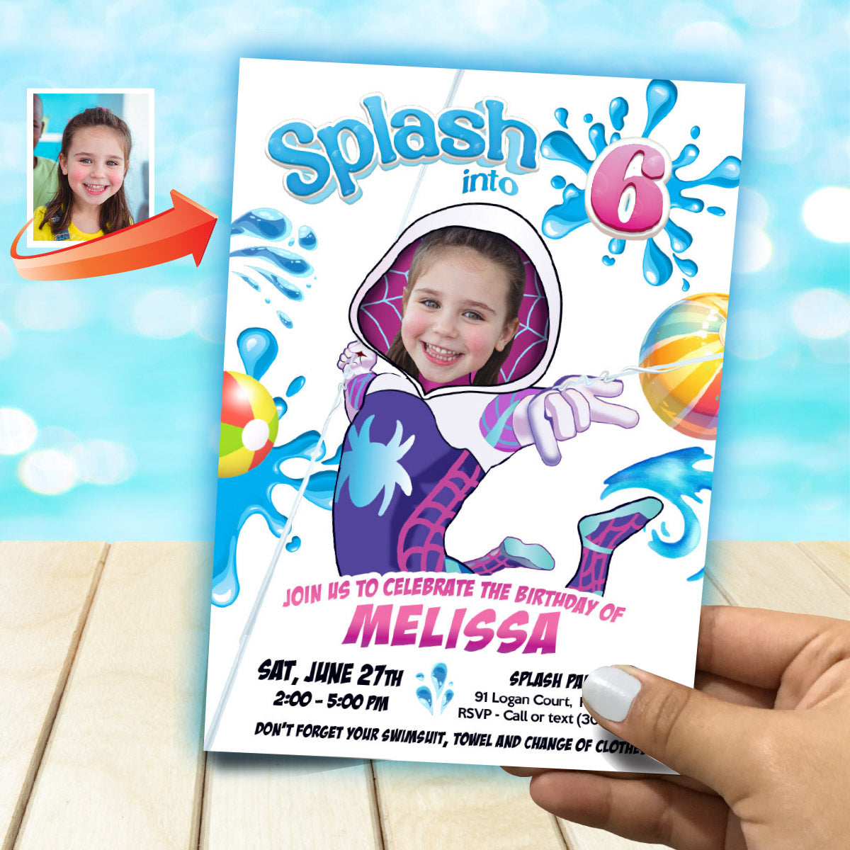 Custom Gwen Stacy Splash Party Invitation with Birthday Girl as the star. 2466IN1