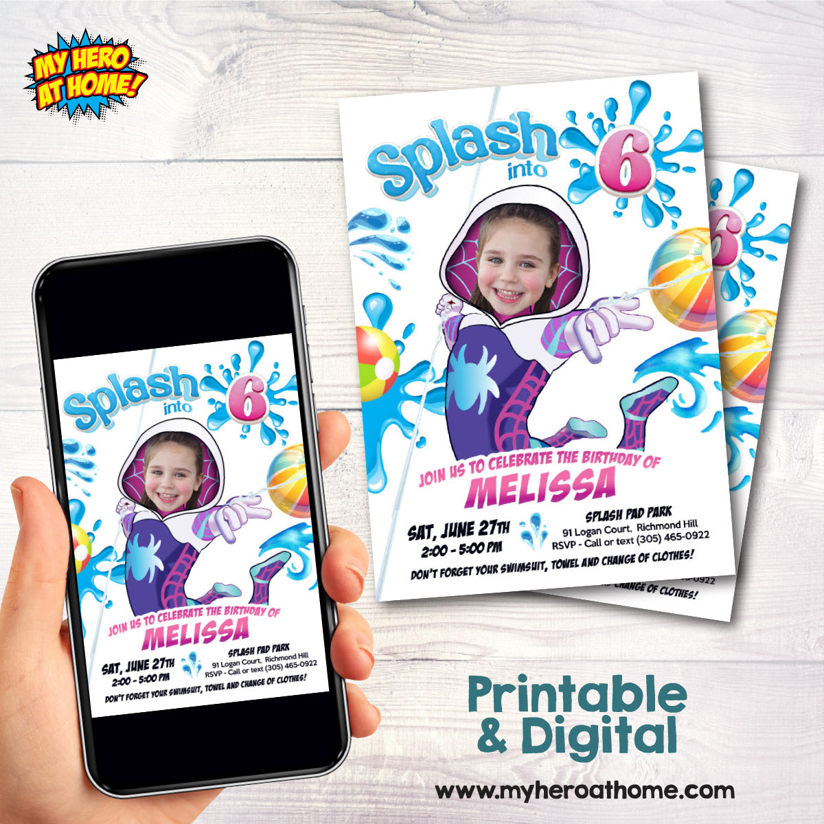 Custom Gwen Stacy Splash Party Invitation with Birthday Girl as the star. 2466IN1