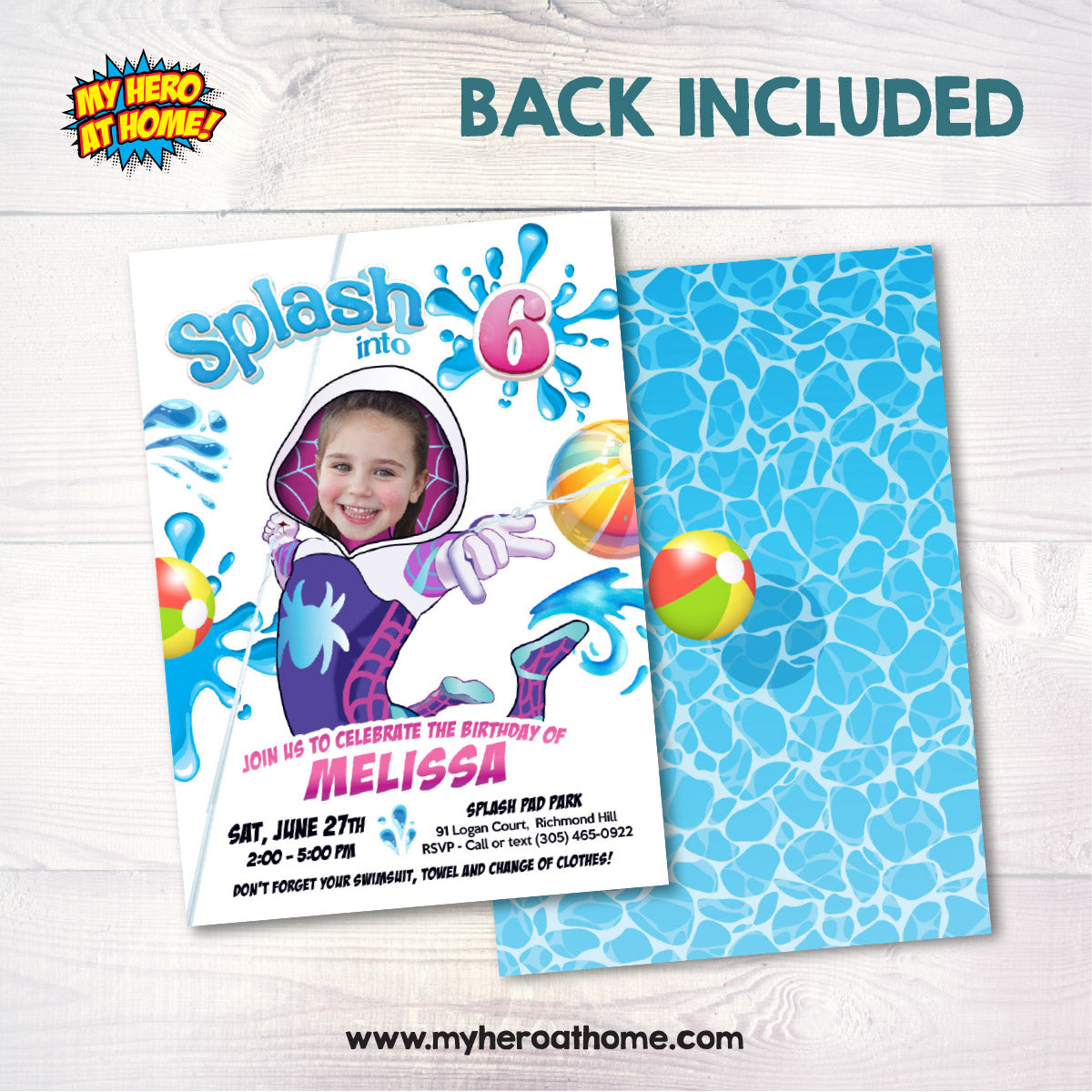Custom Gwen Stacy Splash Party Invitation with Birthday Girl as the star. 2466IN1