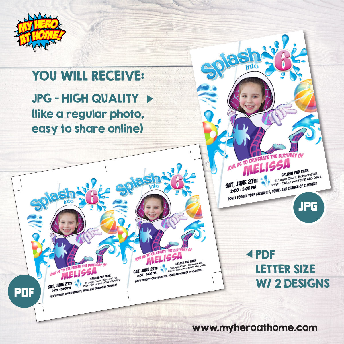 Custom Gwen Stacy Splash Party Invitation with Birthday Girl as the star. 2466IN1