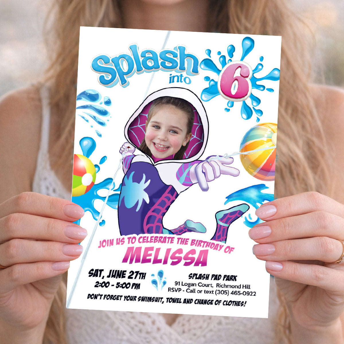 Custom Gwen Stacy Splash Party Invitation with Birthday Girl as the star. 2466IN1