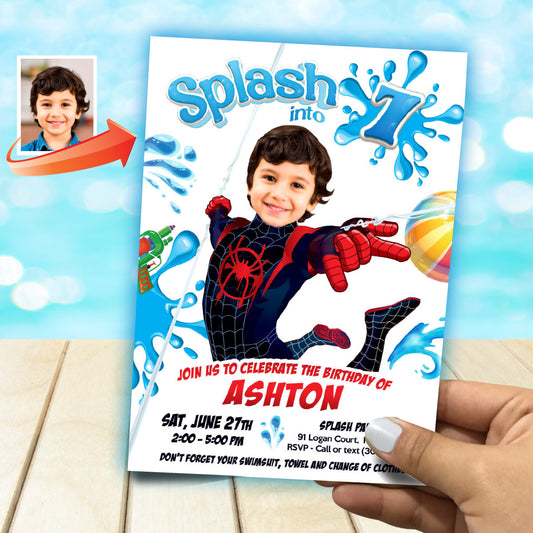 Custom Miles Morales Splash Party Invitation with Birthday kid as the star. 2466IN2