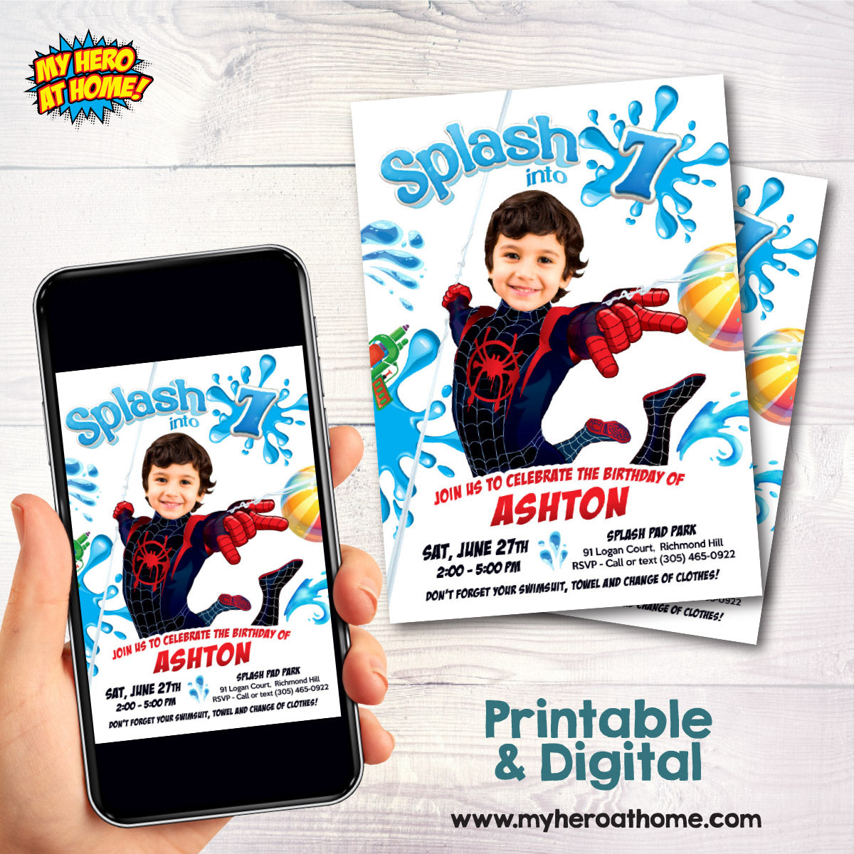 Custom Miles Morales Splash Party Invitation with Birthday kid as the star. 2466IN2