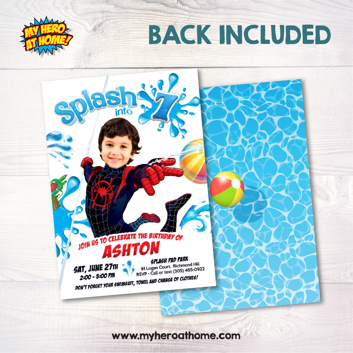 Custom Miles Morales Splash Party Invitation with Birthday kid as the star. 2466IN2