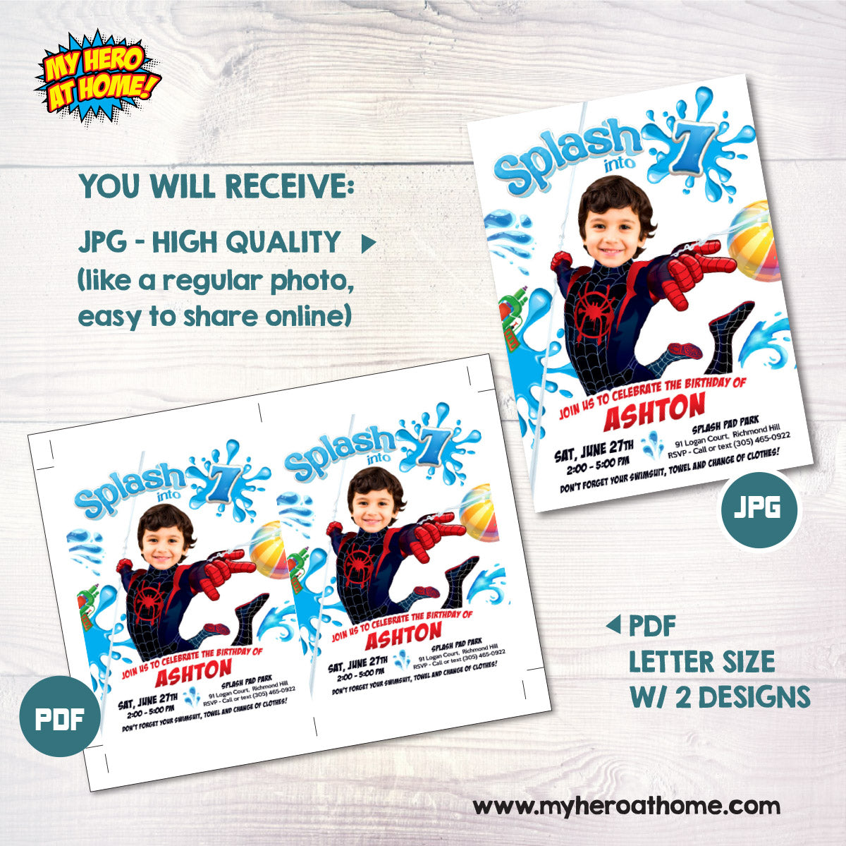 Custom Miles Morales Splash Party Invitation with Birthday kid as the star. 2466IN2