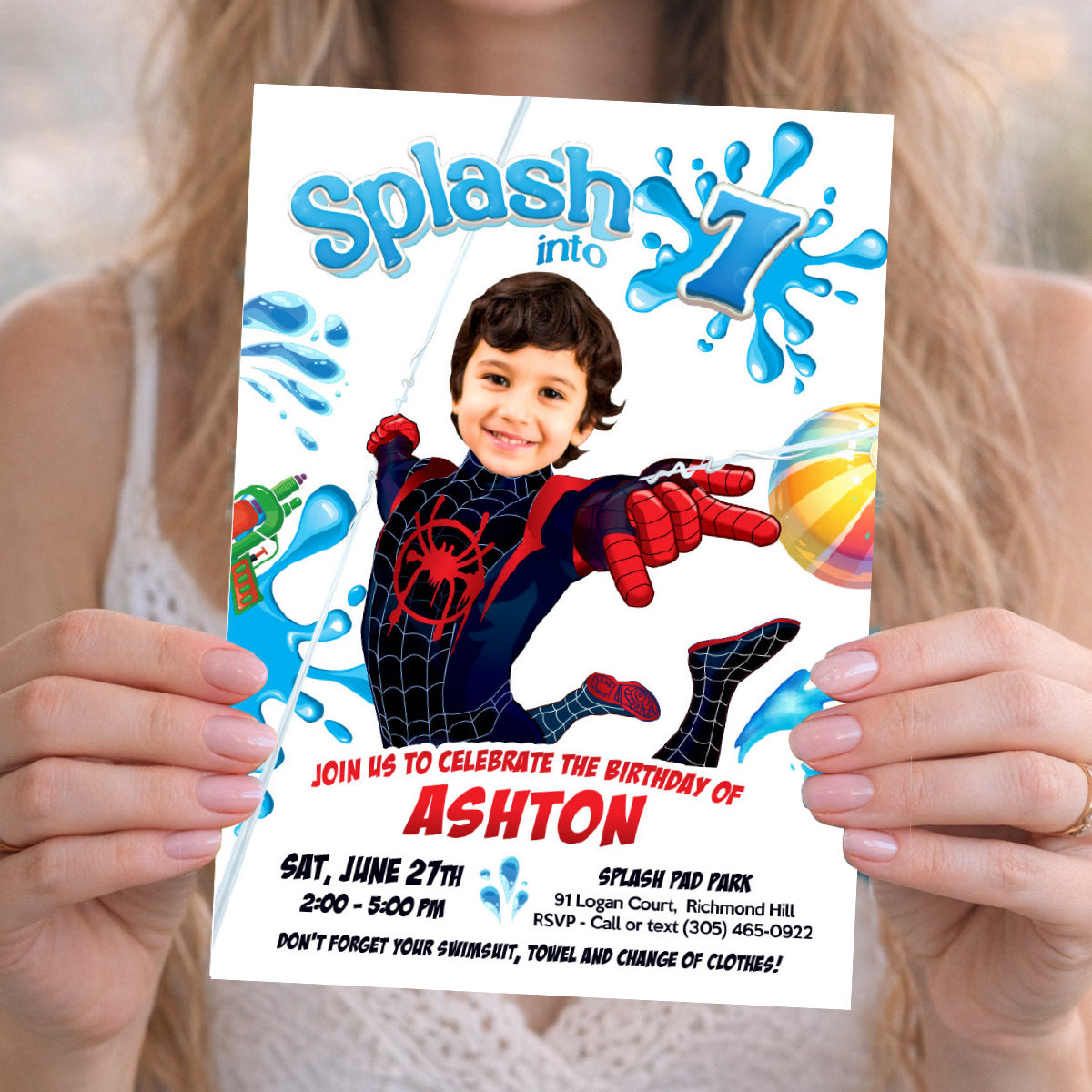 Custom Miles Morales Splash Party Invitation with Birthday kid as the star. 2466IN2