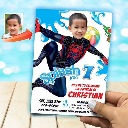 Miles Morales Splash Party Birthday Invitation personalized with kid as the star. 2466IN3