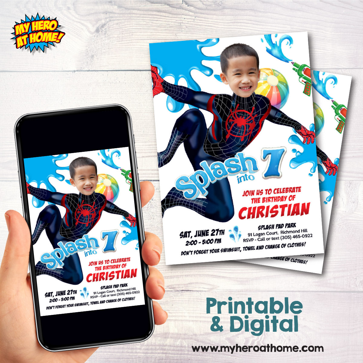 Miles Morales Splash Party Birthday Invitation personalized with kid as the star. 2466IN3