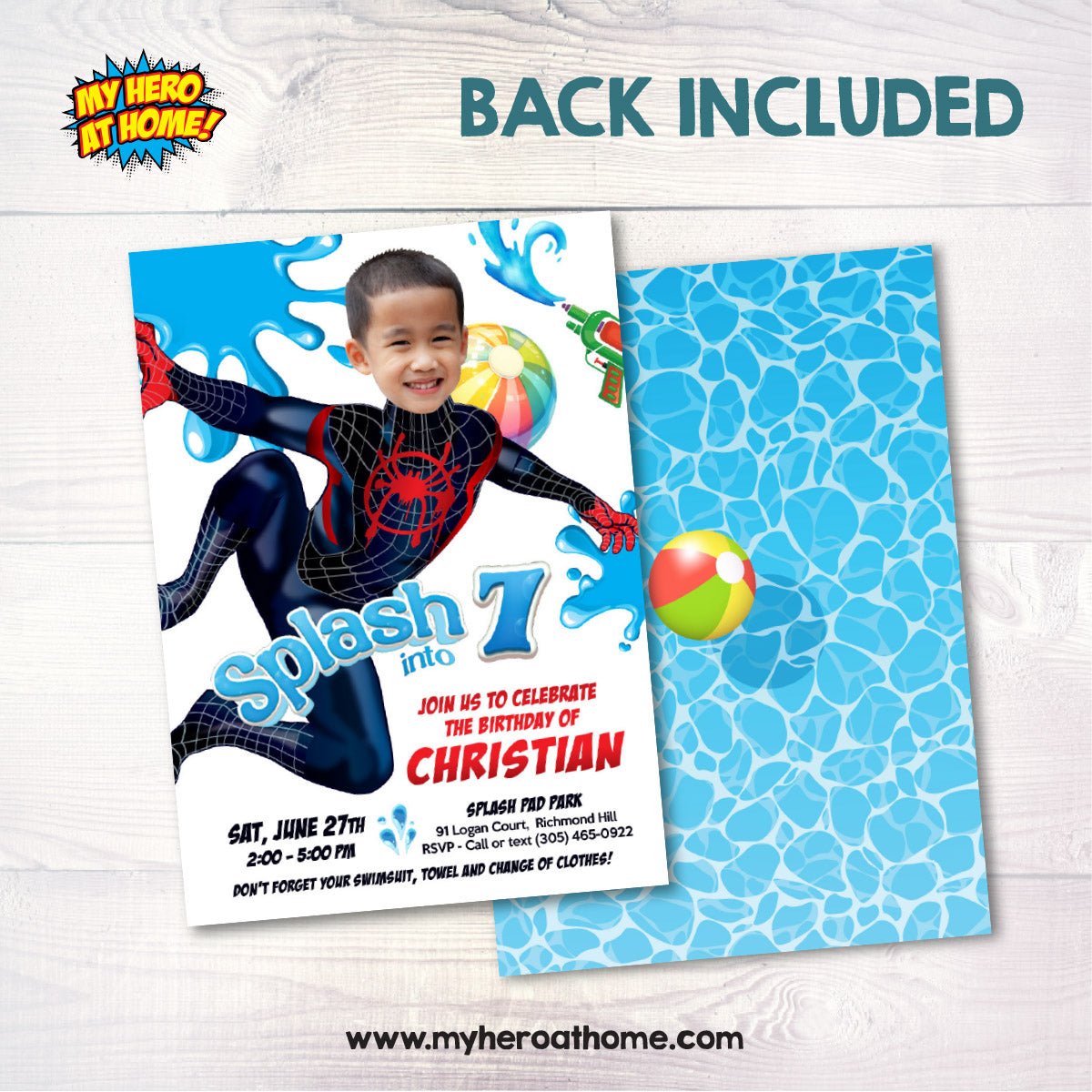 Miles Morales Splash Party Birthday Invitation personalized with kid as the star. 2466IN3
