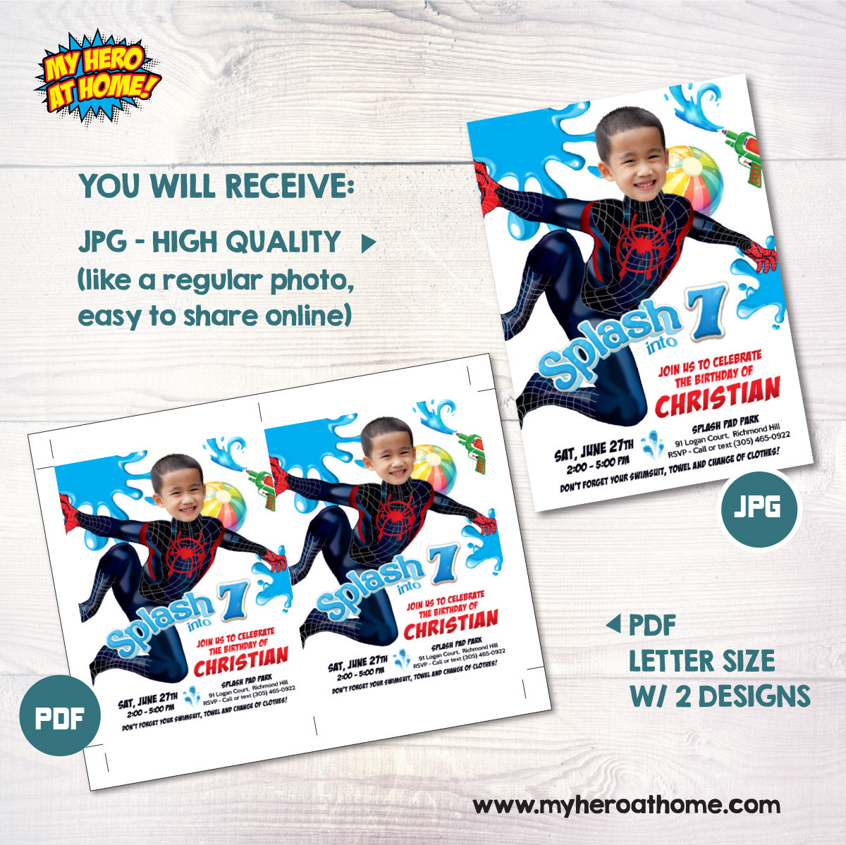 Miles Morales Splash Party Birthday Invitation personalized with kid as the star. 2466IN3