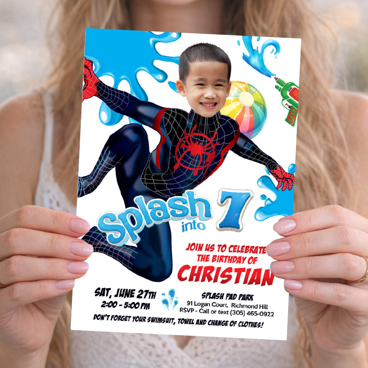 Miles Morales Splash Party Birthday Invitation personalized with kid as the star. 2466IN3