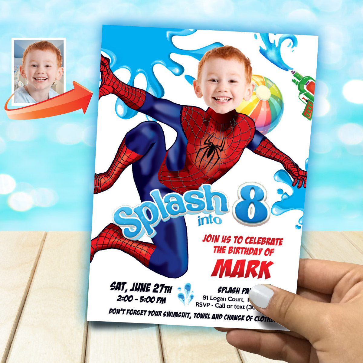 Spiderman Splash Pad Party Invite Personalized with Birthday Kid as the Avenger. 2466IN4