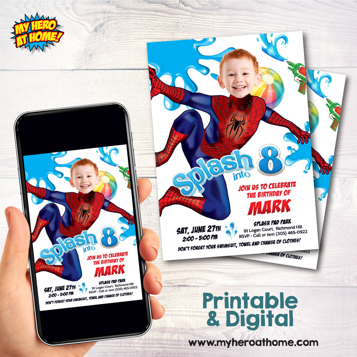 Spiderman Splash Pad Party Invite Personalized with Birthday Kid as the Avenger. 2466IN4
