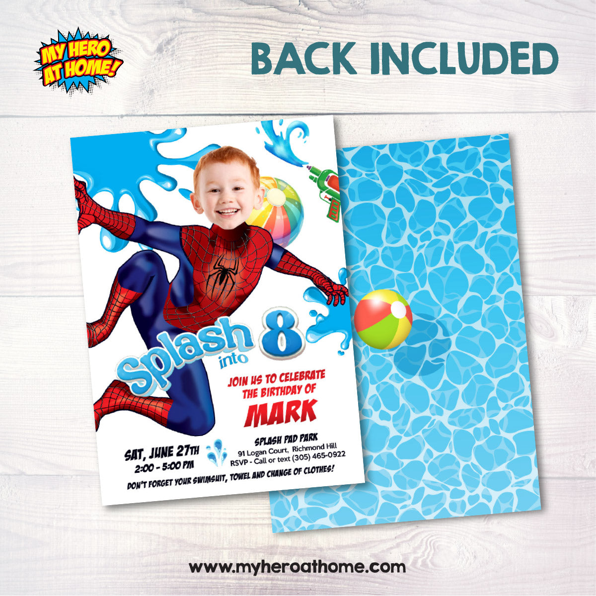 Spiderman Splash Pad Party Invite Personalized with Birthday Kid as the Avenger. 2466IN4