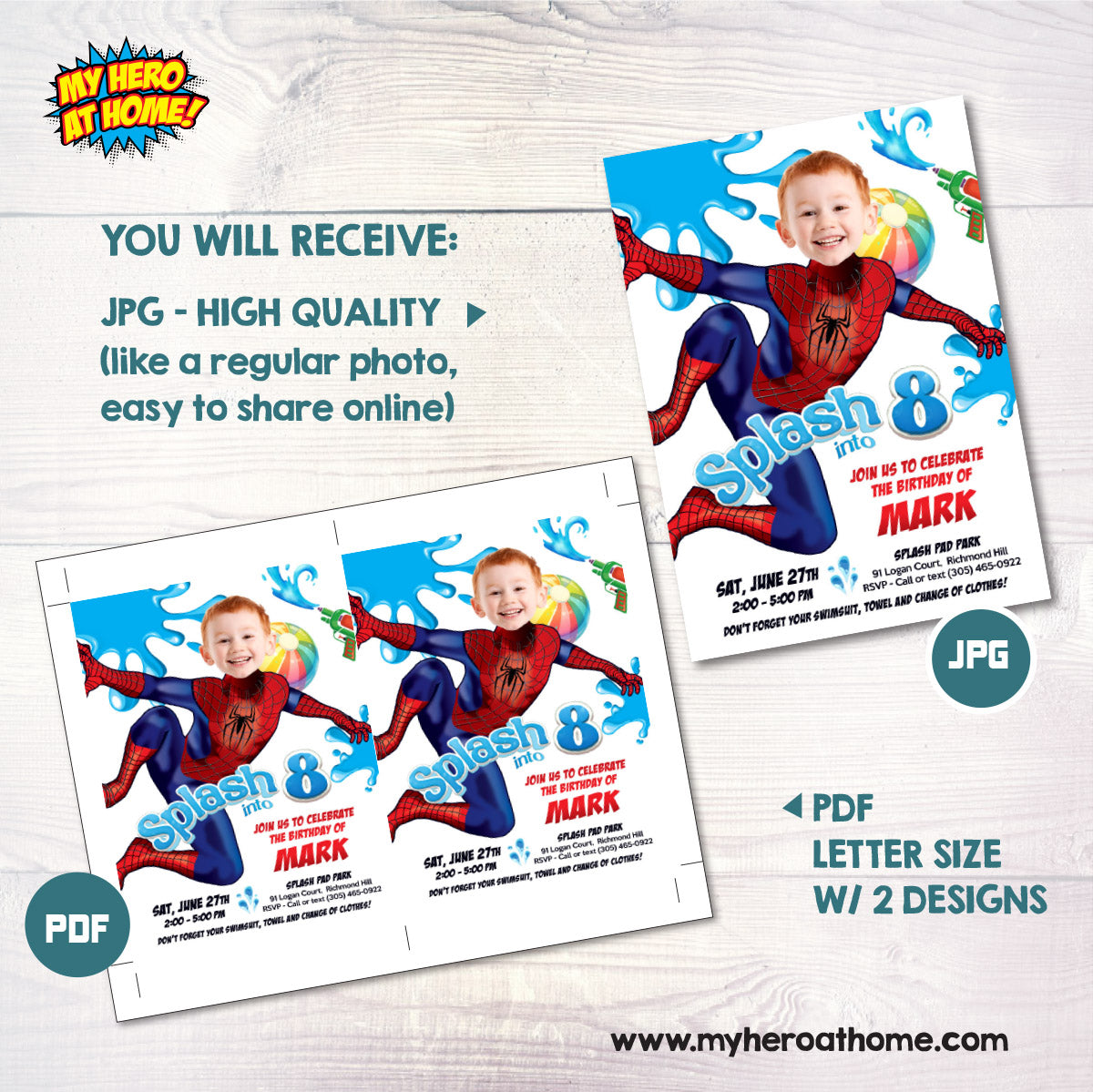 Spiderman Splash Pad Party Invite Personalized with Birthday Kid as the Avenger. 2466IN4