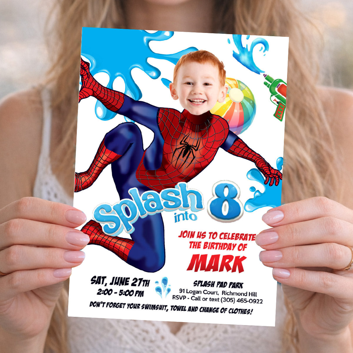 Spiderman Splash Pad Party Invite Personalized with Birthday Kid as the Avenger. 2466IN4