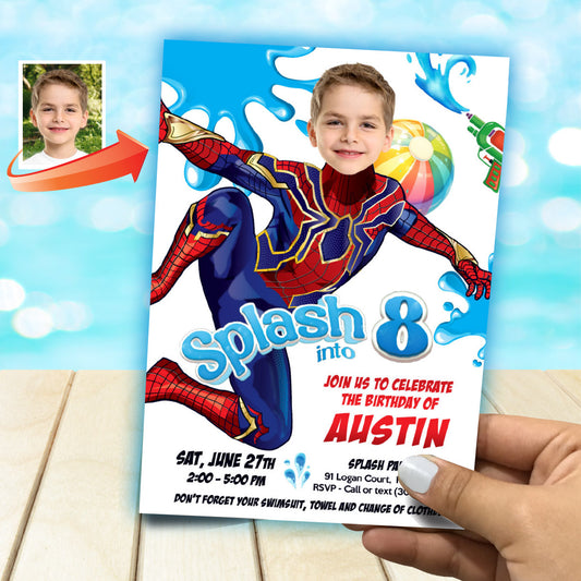 Turn your kid in the Amazing Spiderman for his Custom Splash Pad Party Invitation. 2466IN5
