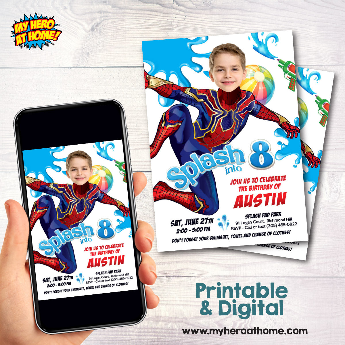 Turn your kid in the Amazing Spiderman for his Custom Splash Pad Party Invitation. 2466IN5