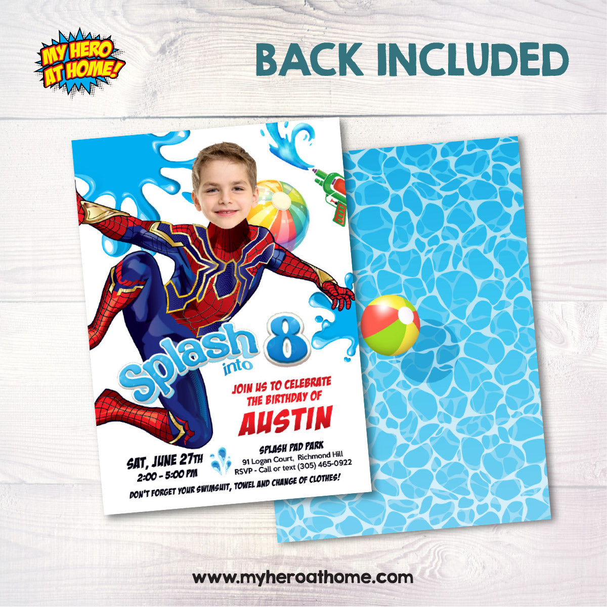 Turn your kid in the Amazing Spiderman for his Custom Splash Pad Party Invitation. 2466IN5