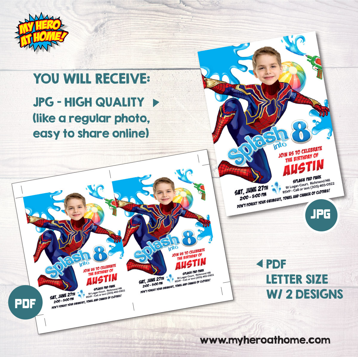 Turn your kid in the Amazing Spiderman for his Custom Splash Pad Party Invitation. 2466IN5