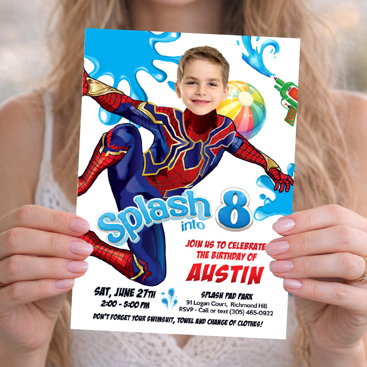 Turn your kid in the Amazing Spiderman for his Custom Splash Pad Party Invitation. 2466IN5