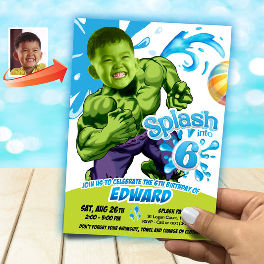 Hulk Splash Birthday Party Invitation featuring kid as favorite Superhero. 2467