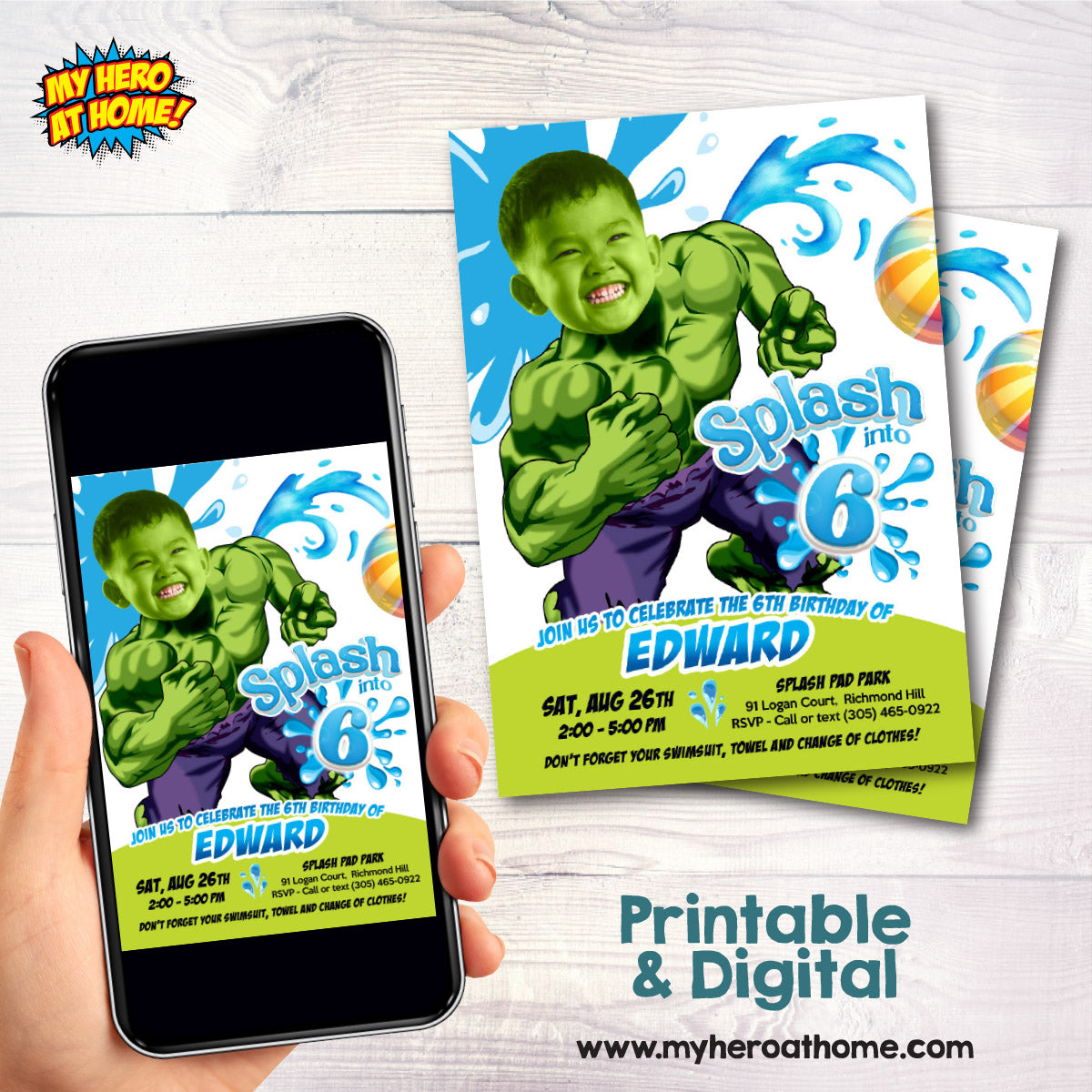 Hulk Splash Birthday Party Invitation featuring kid as favorite Superhero. 2467