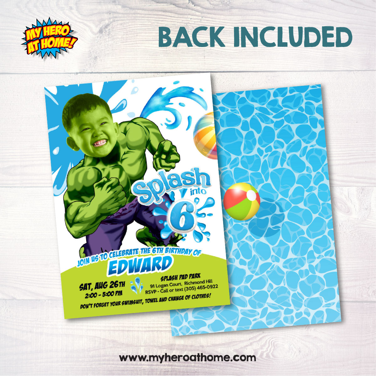 Hulk Splash Birthday Party Invitation featuring kid as favorite Superhero. 2467
