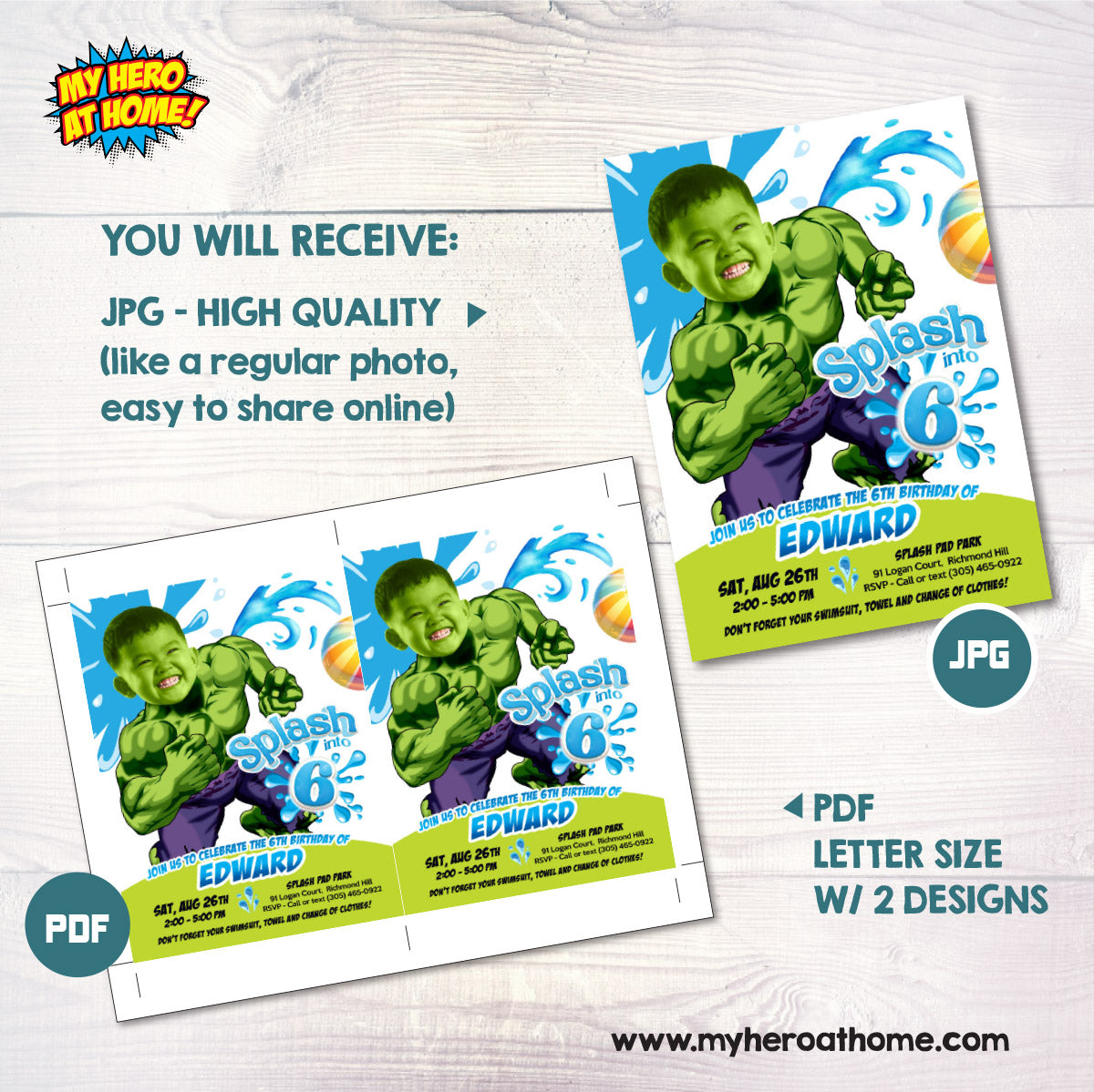 Hulk Splash Birthday Party Invitation featuring kid as favorite Superhero. 2467